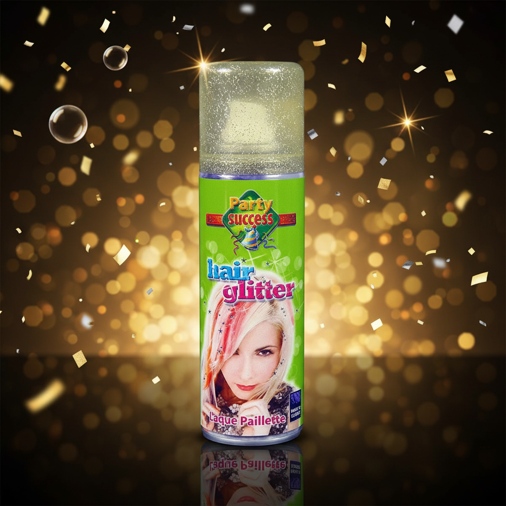 Party Success Gold Glitter Hairspray 125ml can on luxurious celebration background with golden bokeh lights and sparkles
