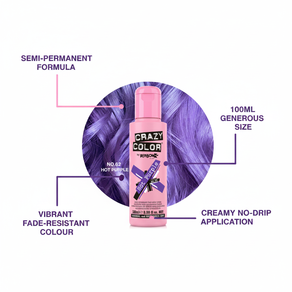 Crazy Color Hot Purple 100ml hair dye feature infographic showing key benefits and product details