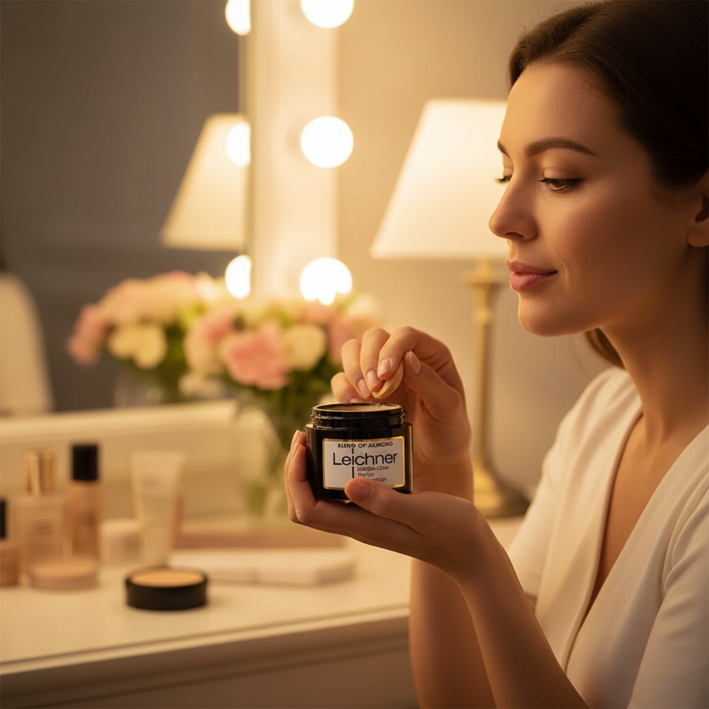 Woman applying Leichner Camera Clear Foundation Blend of Almond at vanity mirror – candid lifestyle