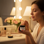 Woman applying Leichner Camera Clear Foundation Blend of Almond at vanity mirror – candid lifestyle