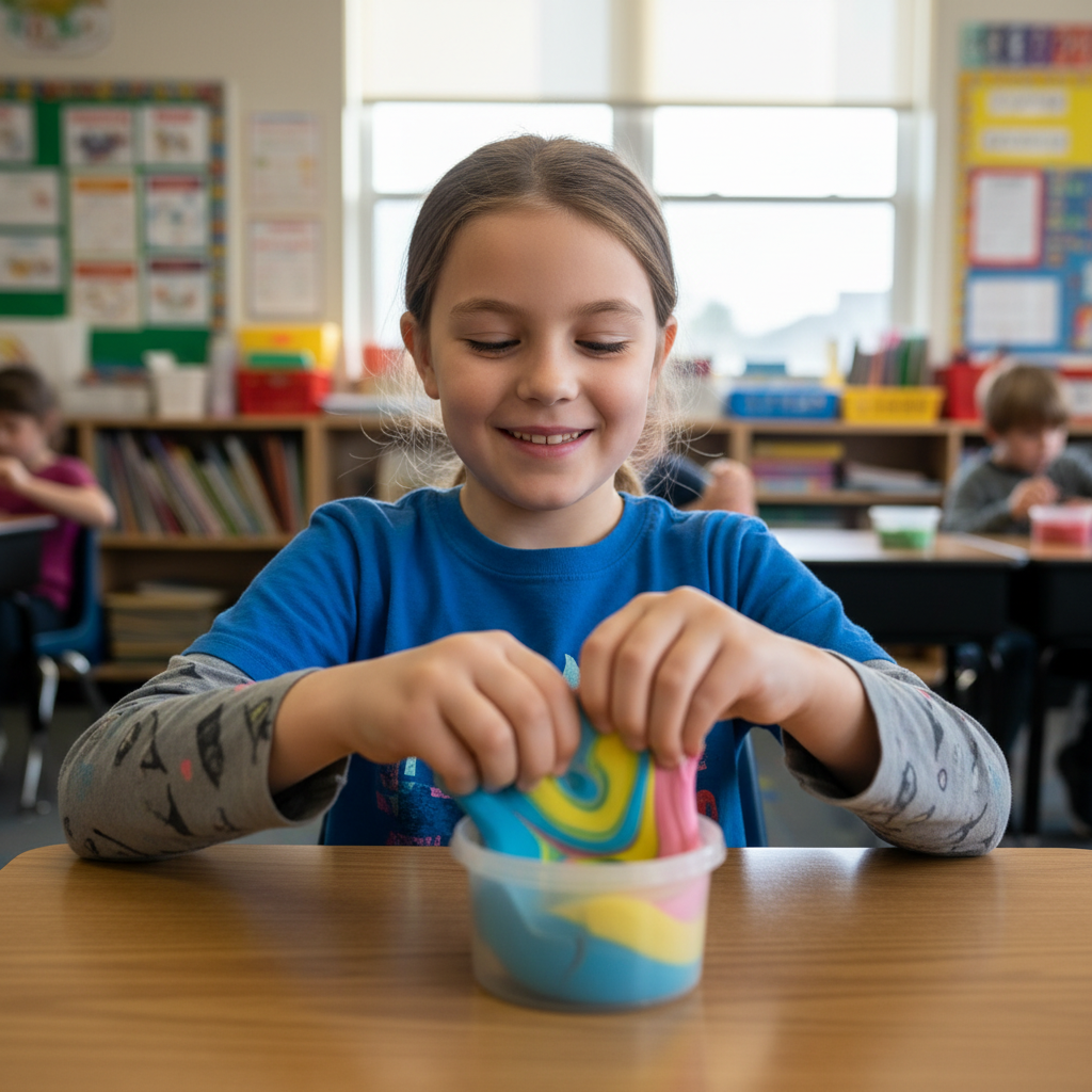 Child playing with bouncing putty at school desk during break time