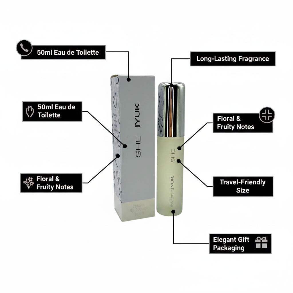 Milton Lloyd She JYUK 50ml perfume feature infographic with callout labels on white background