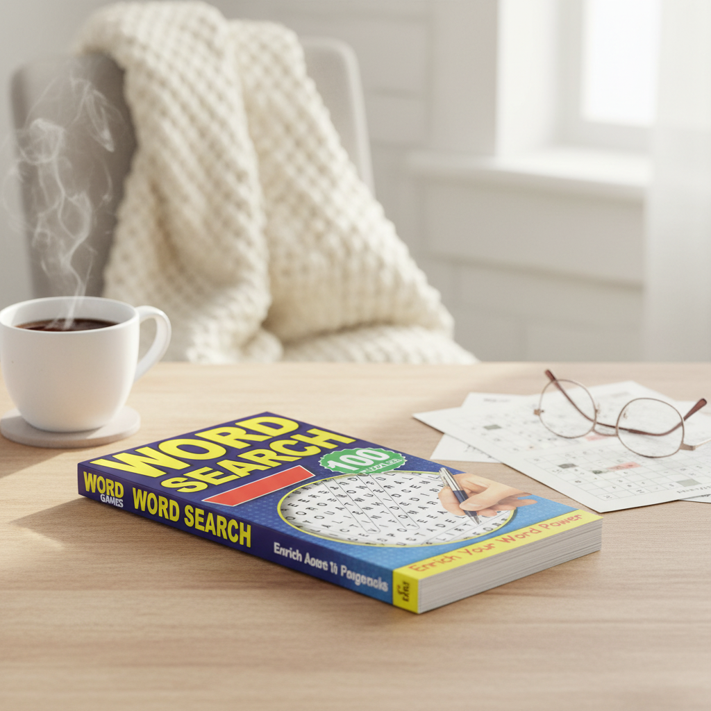 Brain Games Word Search Book displayed on a cosy wooden desk with a cup of tea — perfect for puzzle lovers