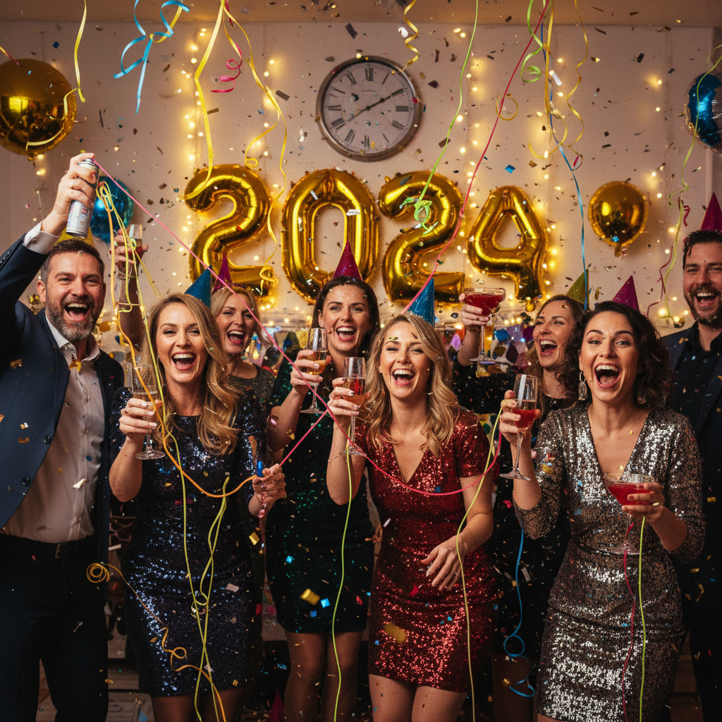 Adults at a New Year's Eve party spraying silly string and celebrating