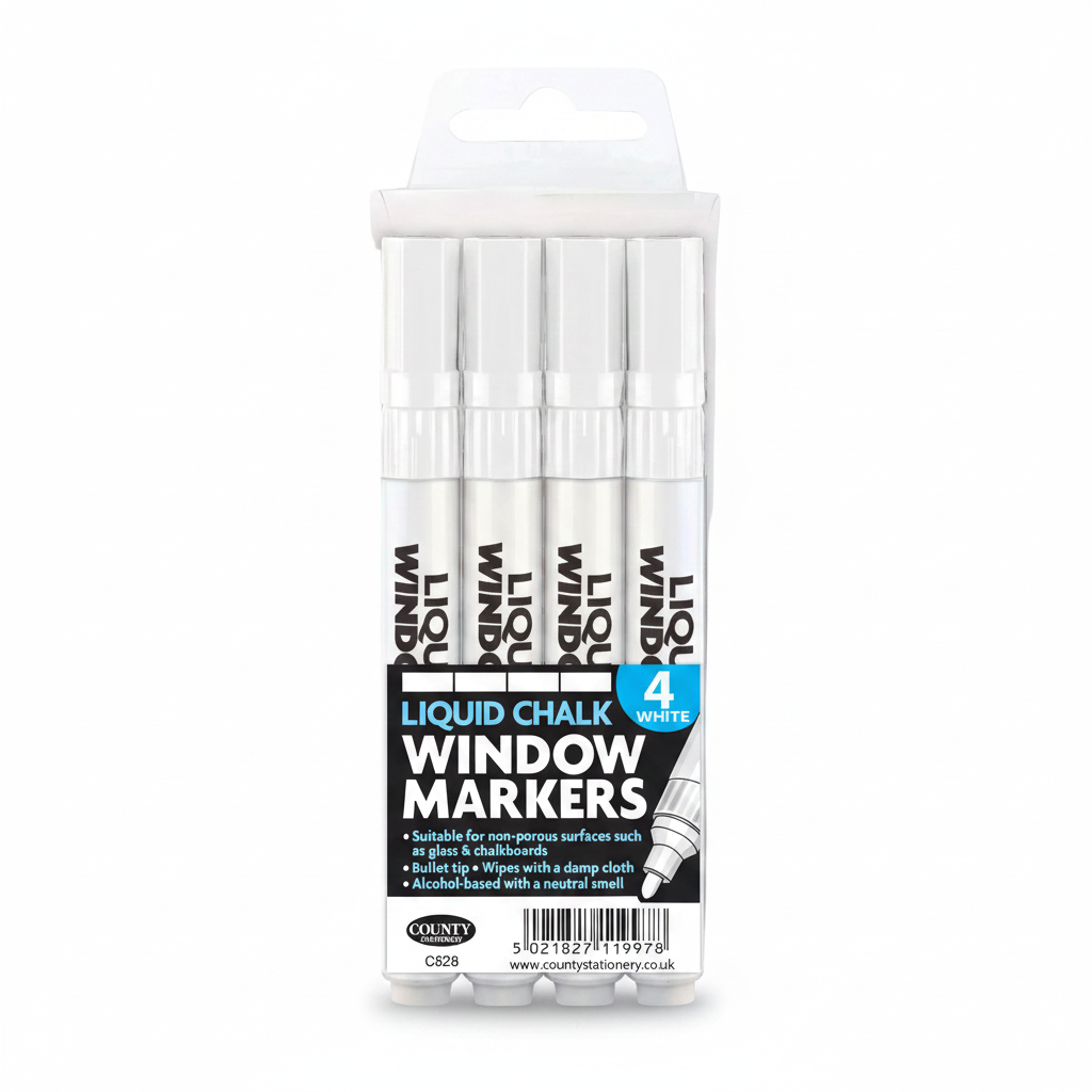 Liquid Chalk White Pens Pack Of 4 on pure white studio background, showing all 4 white barrel pens in retail packaging
