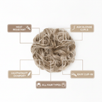 Premium feature infographic for cool ash blonde curly messy hair bun 112 Ash Moon showing key features: heat resistant, ash blonde curls, lightweight, easy clip-in, all hair types