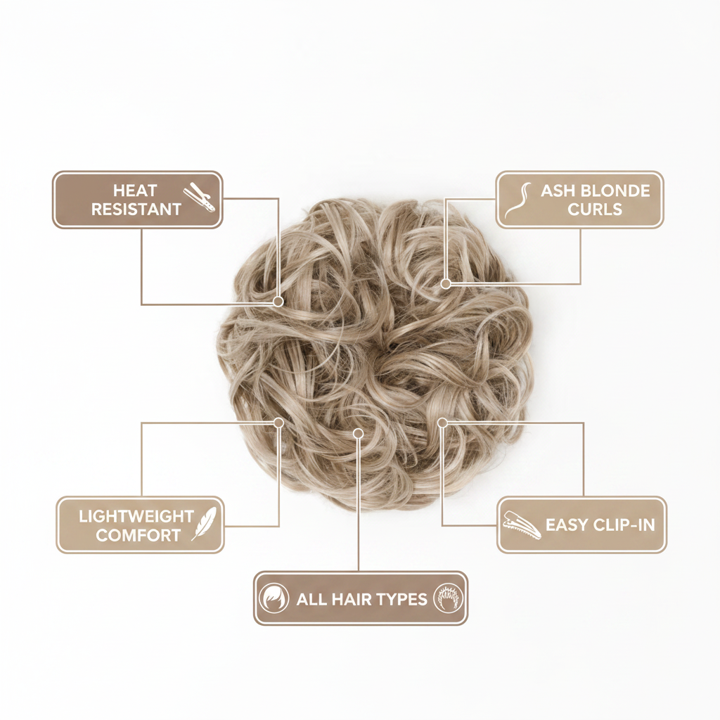 Premium feature infographic for cool ash blonde curly messy hair bun 112 Ash Moon showing key features: heat resistant, ash blonde curls, lightweight, easy clip-in, all hair types