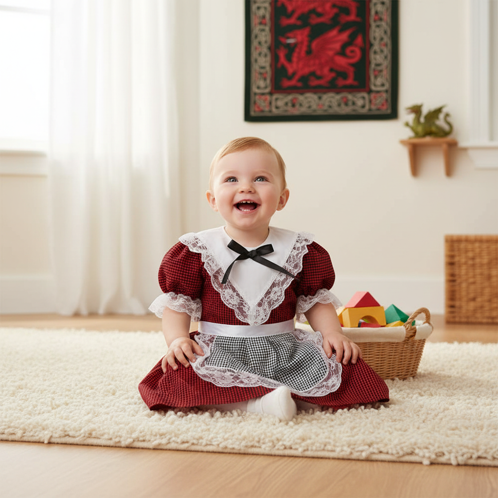 Happy toddler aged 1-2 years wearing traditional Welsh costume with red dress and white lace in cozy home setting