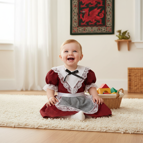 Happy toddler aged 1-2 years wearing traditional Welsh costume with red dress and white lace in cozy home setting