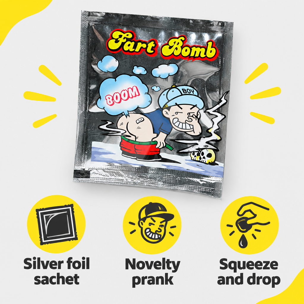 Silver Fart Bomb sachet infographic showing foil packaging, novelty prank and squeeze-and-drop captions.