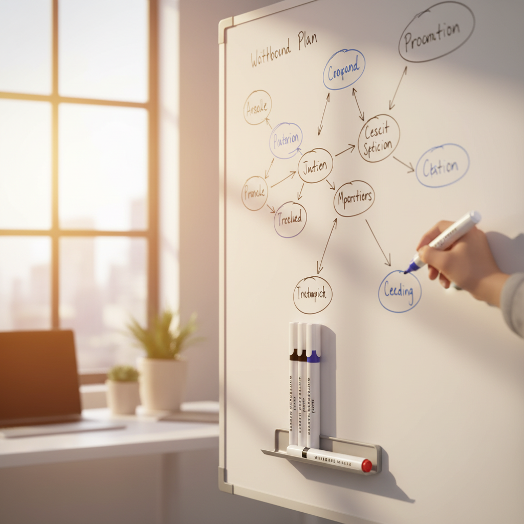 Swift Assorted Colour Whiteboard Markers in use in a bright modern classroom with colourful mind-map on whiteboard, golden hour light