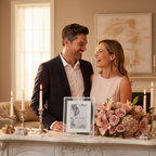 Couple admiring Milestones silver 40th birthday photo frame on mantelpiece