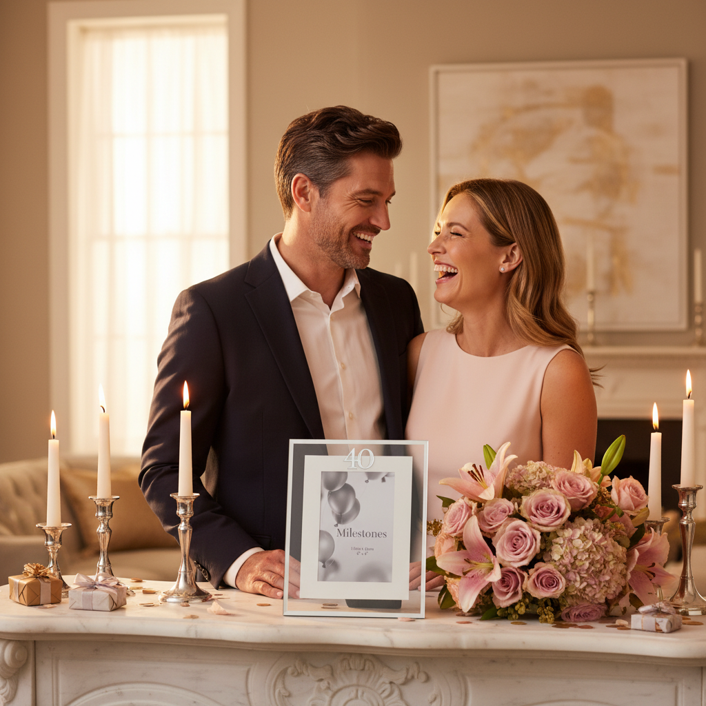 Couple admiring Milestones silver 40th birthday photo frame on mantelpiece