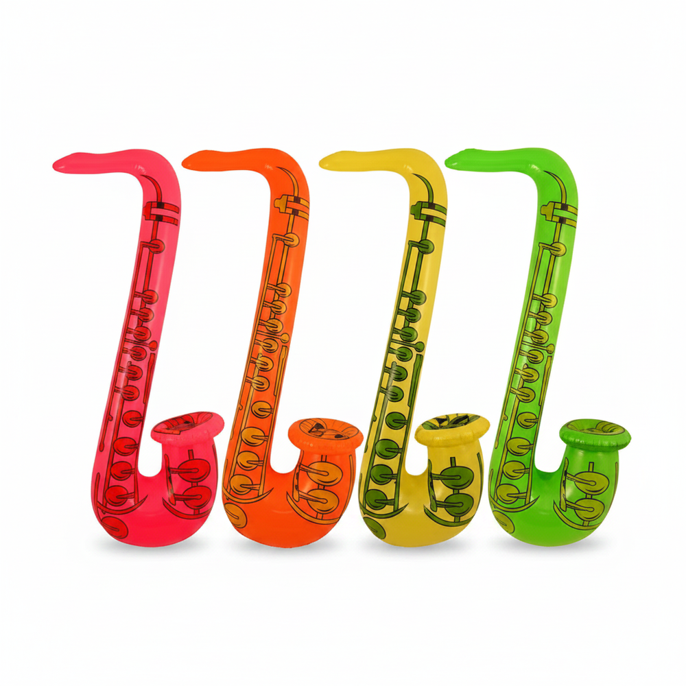 Four inflatable saxophones in assorted neon colours — red, orange, yellow and green — on a pure white studio background