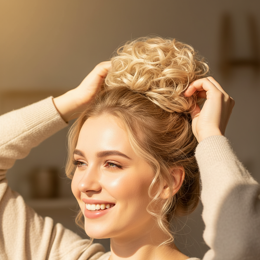 Woman styling her hair with a warm blonde curly messy hair bun clip-in hairpiece, candid natural moment with bokeh background