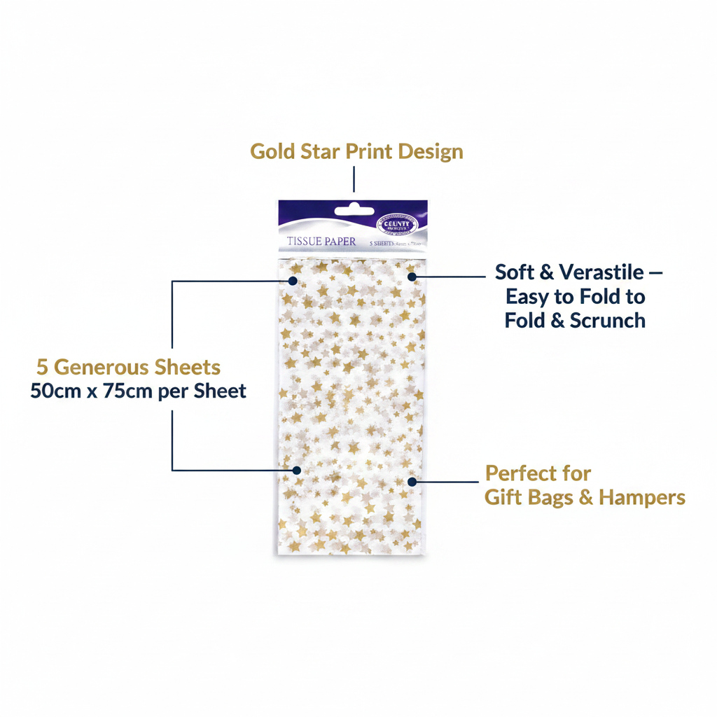 Gold star tissue paper pack infographic showing 5 sheets, 50x75cm size, gold star print design and gifting features