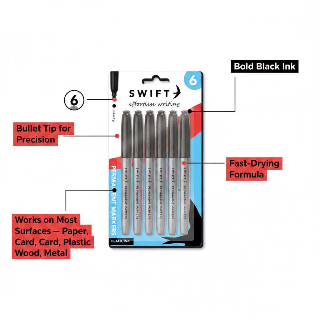 Swift Permanent Markers Black 6 Pack feature infographic highlighting pack of 6, bold black ink, fast-drying formula, multi-surface use and bullet tip