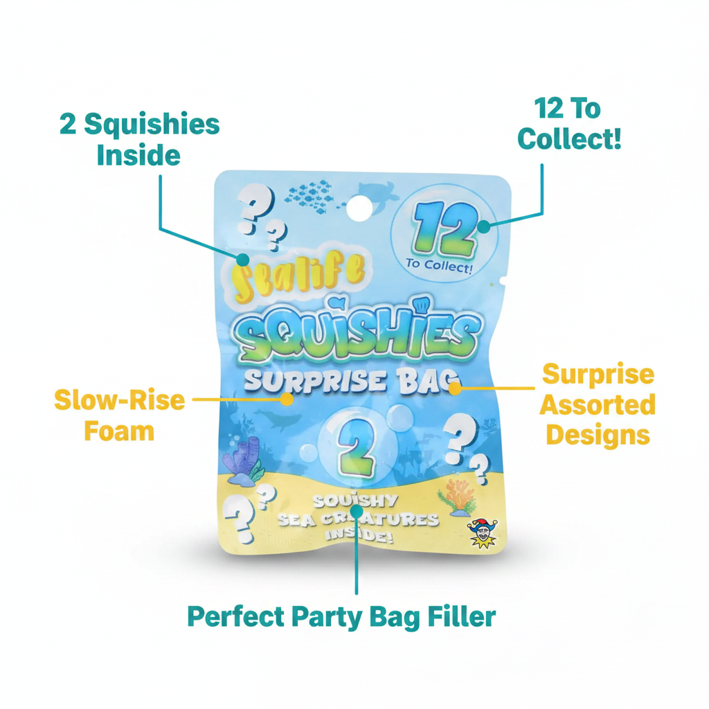 Squishy Sealife Surprise Bag feature infographic showing 2 squishies inside, 12 to collect, slow-rise foam