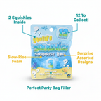 Squishy Sealife Surprise Bag feature infographic showing 2 squishies inside, 12 to collect, slow-rise foam
