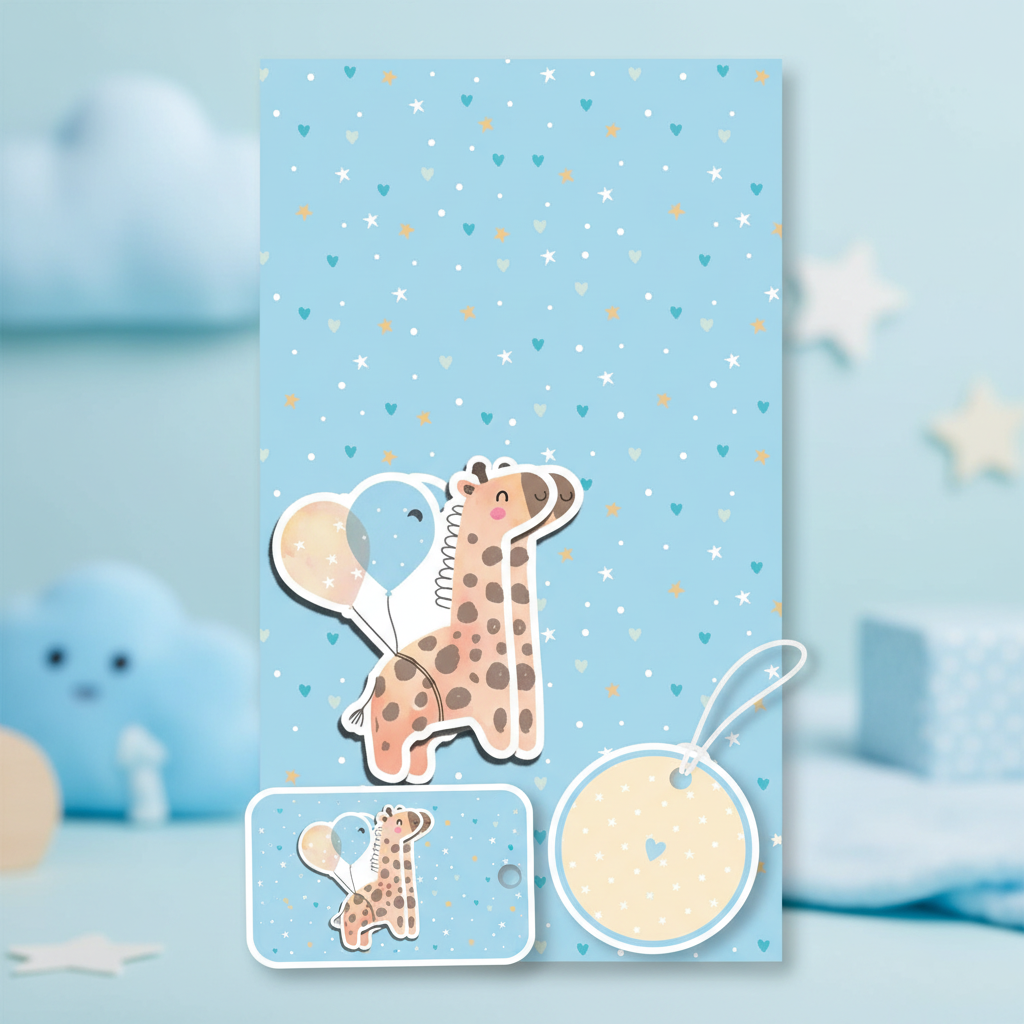 Blue baby boy giraffe wrapping paper with 2 sheets and 2 gift tags on elegant nursery background