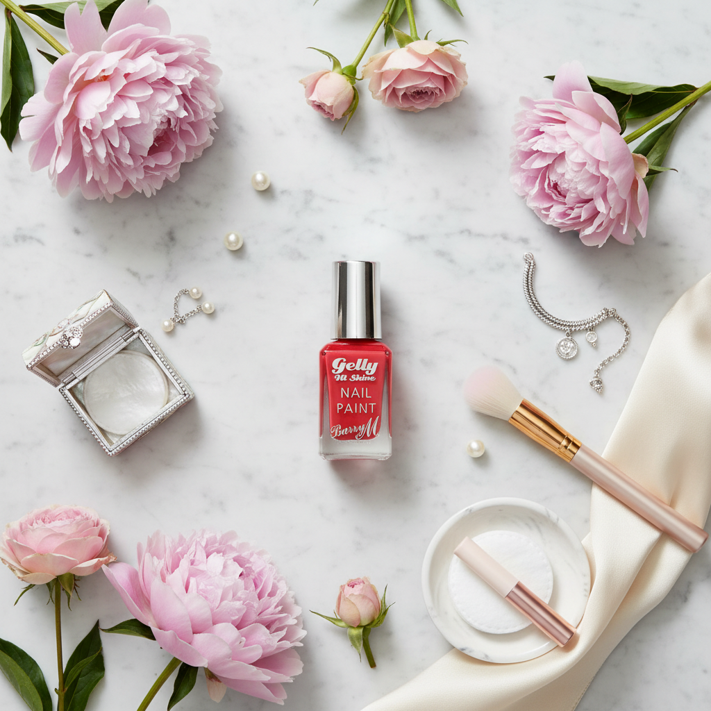 Barry M Gelly Hi Shine Nail Polish Passion Fruit 029 - marble flat lay with pink flowers