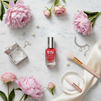 Barry M Gelly Hi Shine Nail Polish Passion Fruit 029 - marble flat lay with pink flowers
