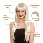 Product infographic for womens long blonde fringe wig with callout labels highlighting silky fibres, neat fringe, featherlight comfort, one size fits most, and heat-resistant strands