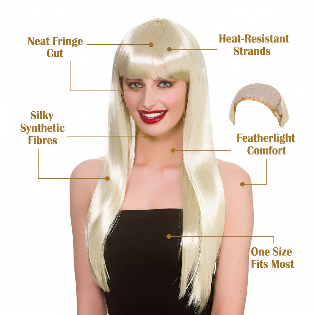 Product infographic for womens long blonde fringe wig with callout labels highlighting silky fibres, neat fringe, featherlight comfort, one size fits most, and heat-resistant strands