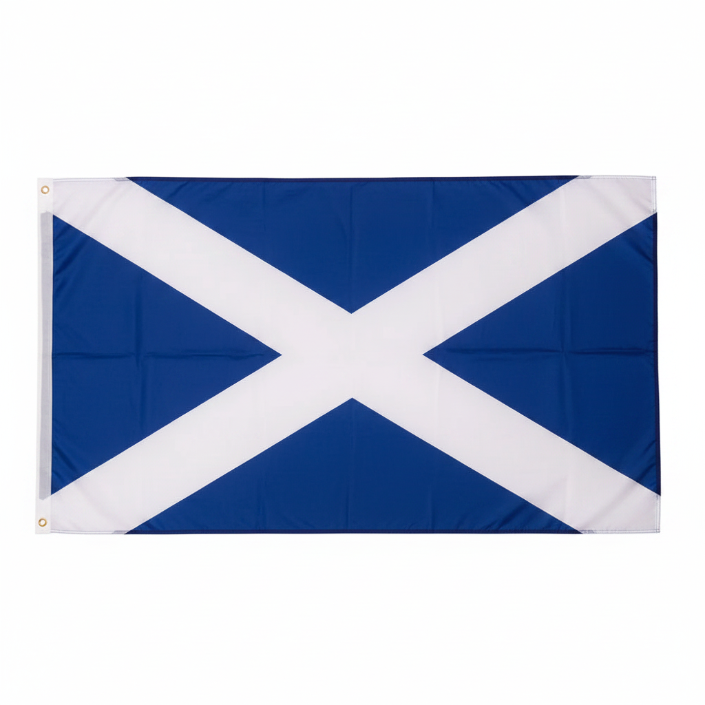 Scotland Flag 5ft x 3ft on pure white background showing deep royal blue saltire design, Amazon and eBay compliant hero shot