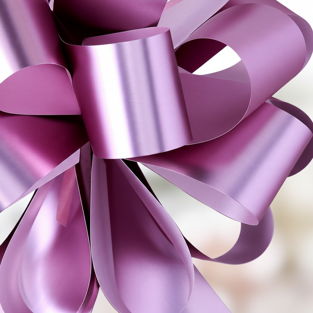 Extreme macro close-up of pink pull bow ribbon loops showing satin sheen and material quality, raking side light
