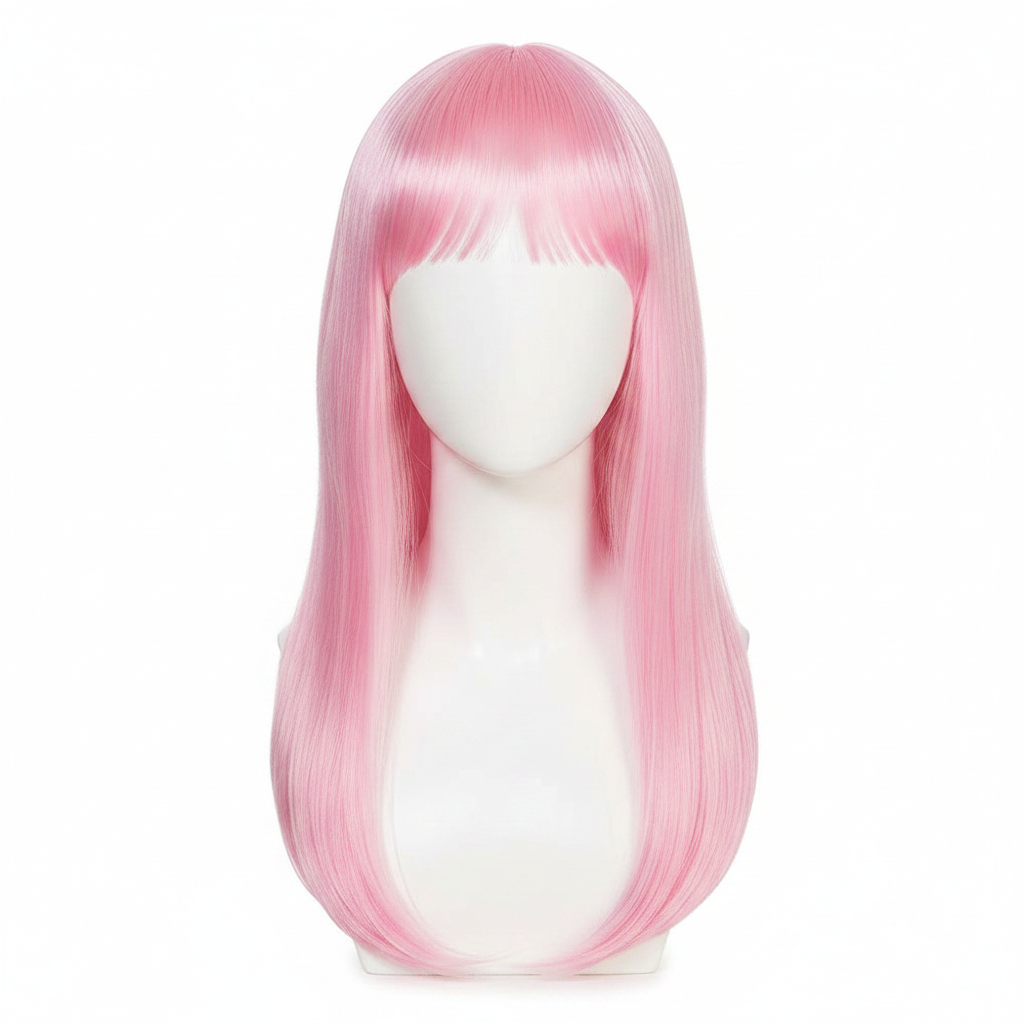 Womens long pink fringe wig on white background, studio hero shot