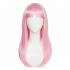 Womens long pink fringe wig on white background, studio hero shot