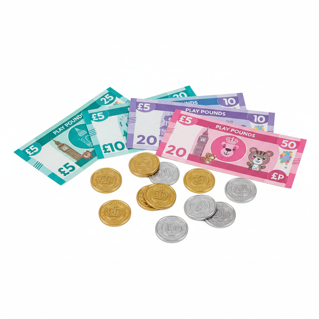 Children's UK sterling play money toy set with notes and coins on pure white background, Amazon hero shot