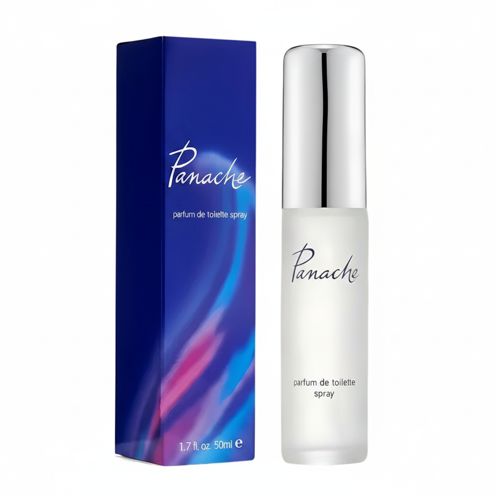 Panache Parfum De Toilette Spray 50ml — frosted white bottle with silver cap and royal blue box on white background