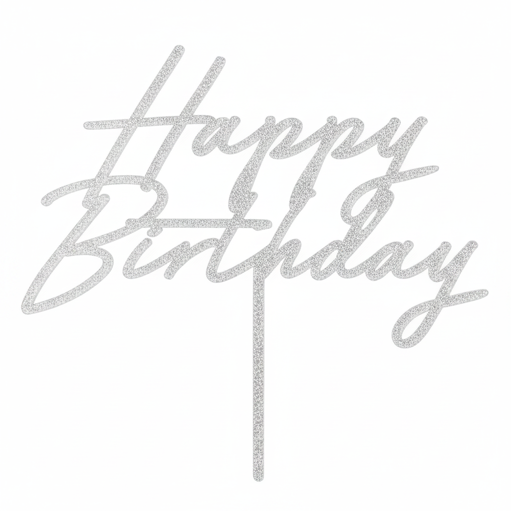 Close-up detail of the silver glitter acrylic Happy Birthday cake topper showing the dense rhinestone and glitter texture catching light across the cursive letterform