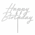 Close-up detail of the silver glitter acrylic Happy Birthday cake topper showing the dense rhinestone and glitter texture catching light across the cursive letterform