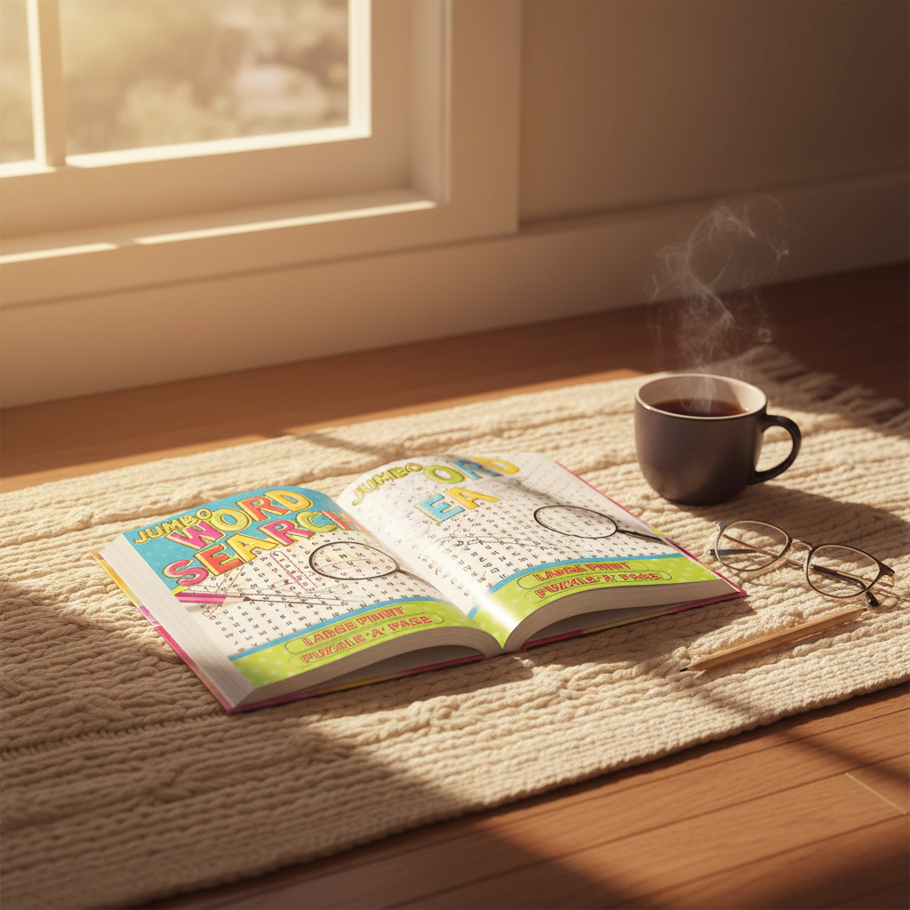 Jumbo Word Search Large Print Book open on a cosy blanket beside a mug of tea in warm golden hour light