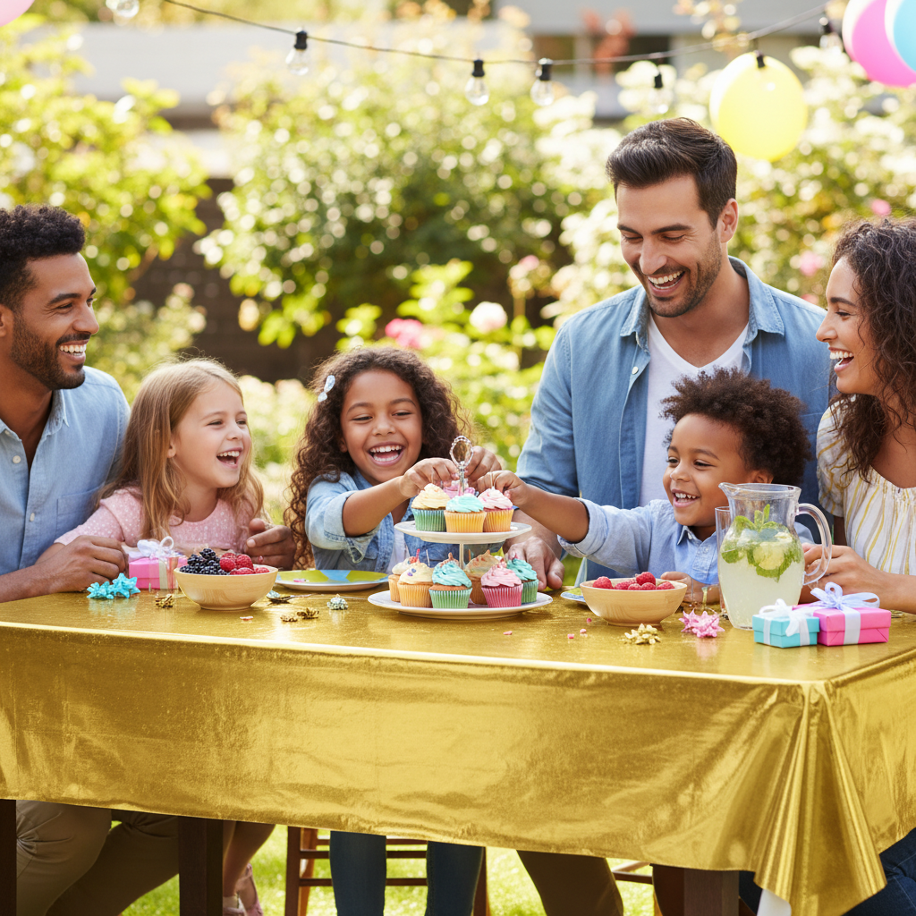 Gold table cover on an outdoor garden party table with family celebrating in the sunshine