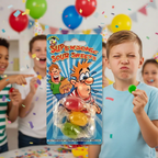 Boy pulling exaggerated sour face holding Funnyman Supersonic Sour Sweets packaging at birthday party with friends laughing