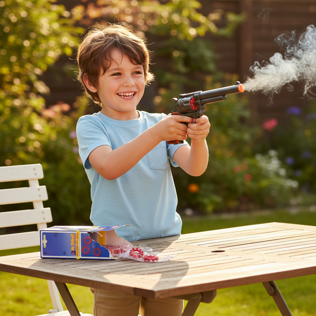 Boy smiling triumphantly after firing a cap gun loaded with red cap ring, small smoke puff, pure childhood excitement