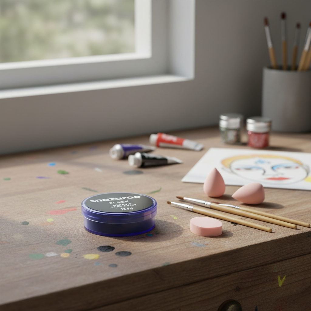 Snazaroo Classic Black Face Paint 18ml in a face painter's kit with brushes and sponges, natural window light, editorial quality