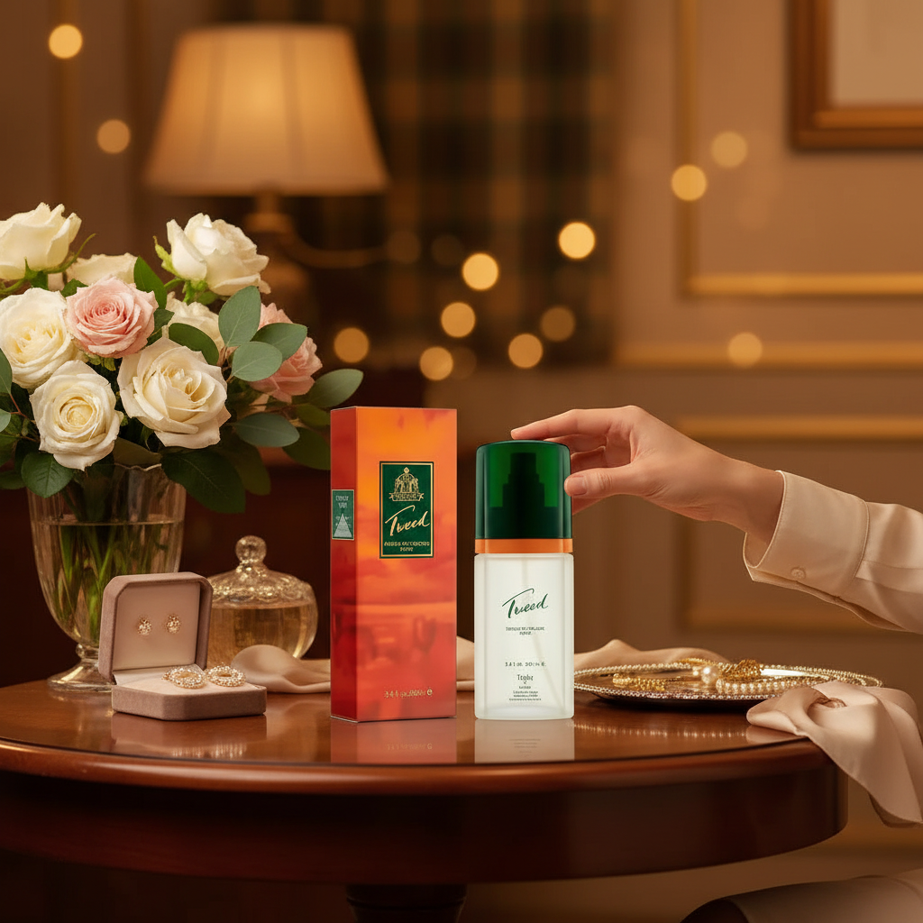 Taylor of London Tweed perfume on elegant vanity with flowers and luxury accessories