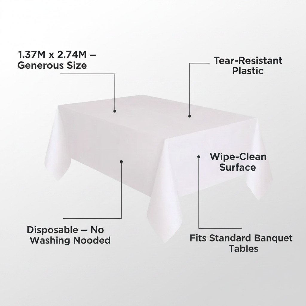 White plastic tablecloth feature infographic showing size 1.37M x 2.74M, tear-resistant, wipe-clean, disposable