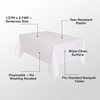 White plastic tablecloth feature infographic showing size 1.37M x 2.74M, tear-resistant, wipe-clean, disposable