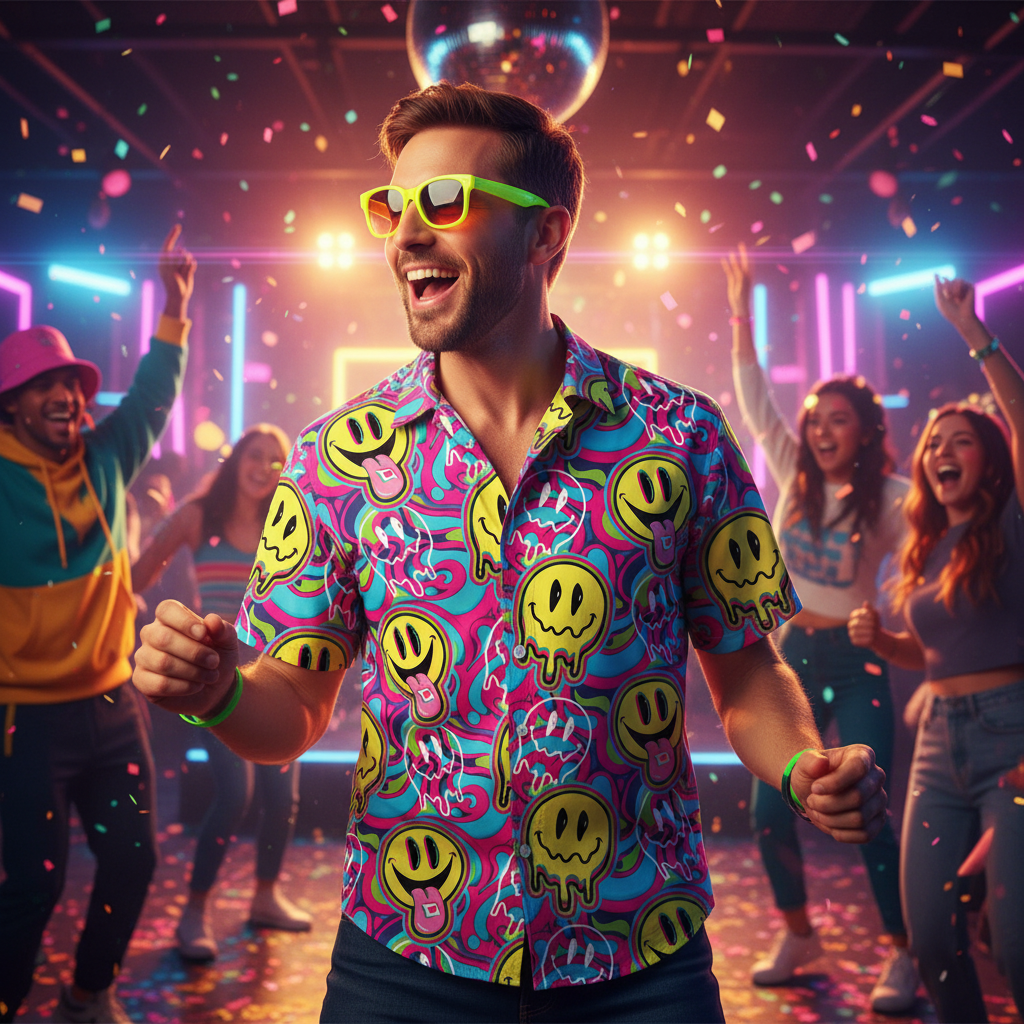 Man dancing at 90s themed party wearing Mens 90s Acid Shirt Medium with neon lights and disco ball