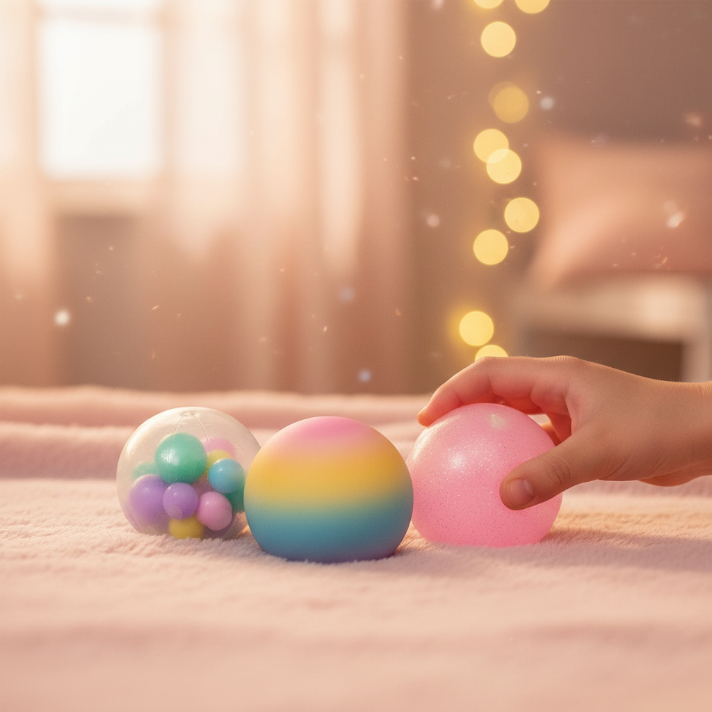 Three Scrunchems Unicorn squish balls on pink fluffy blanket with girl's hand picking up glitter ball in golden hour bedroom light