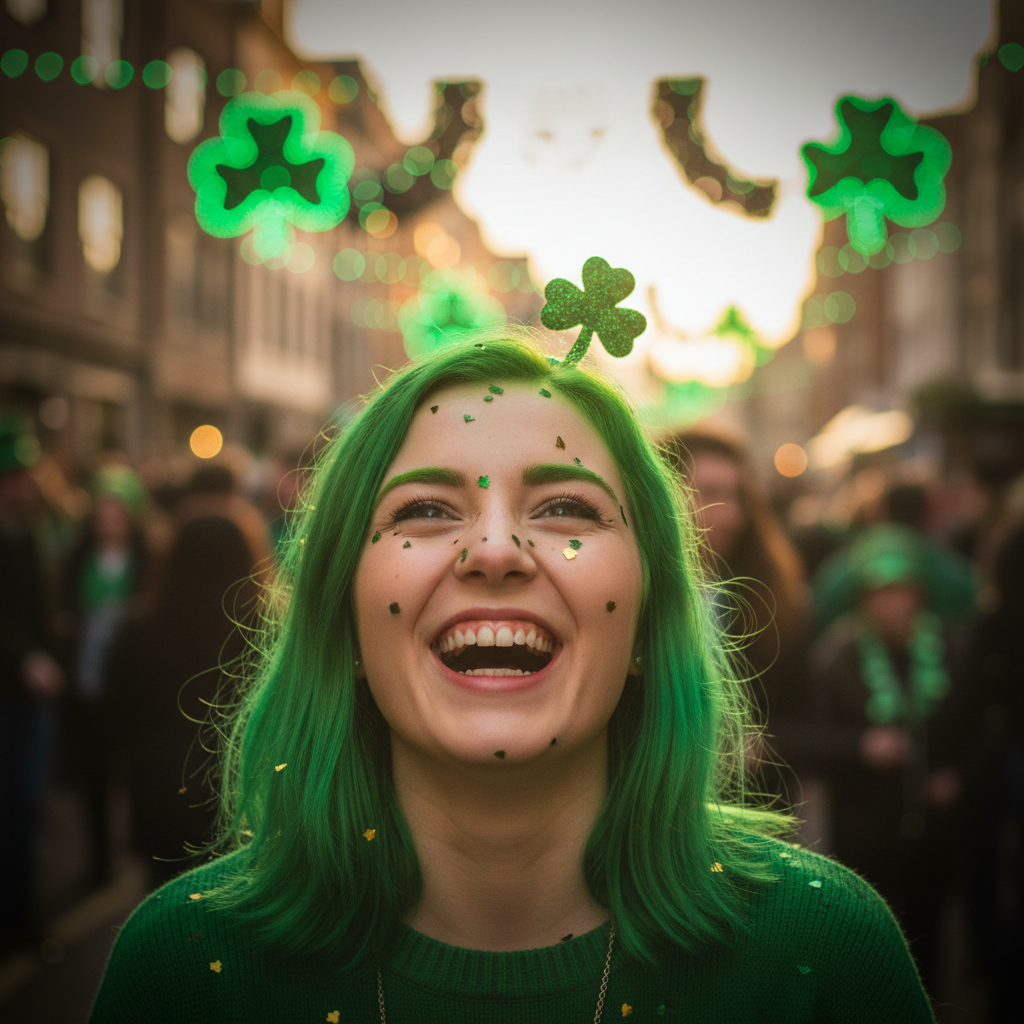 Woman with vibrant green hair laughing joyfully at a St Patrick's Day party, golden hour light