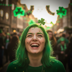 Woman with vibrant green hair laughing joyfully at a St Patrick's Day party, golden hour light