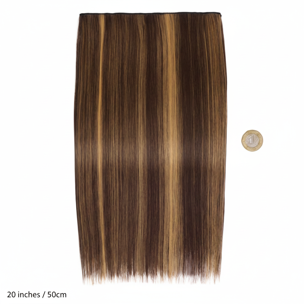 20 inch clip-in hair extension #4/27 Coral Bells laid flat beside a £1 coin to show scale, white background