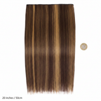 20 inch clip-in hair extension #4/27 Coral Bells laid flat beside a £1 coin to show scale, white background
